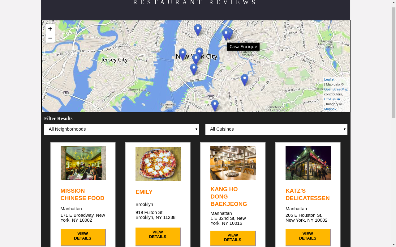 Restaurant reviews with map integration and responsive web design